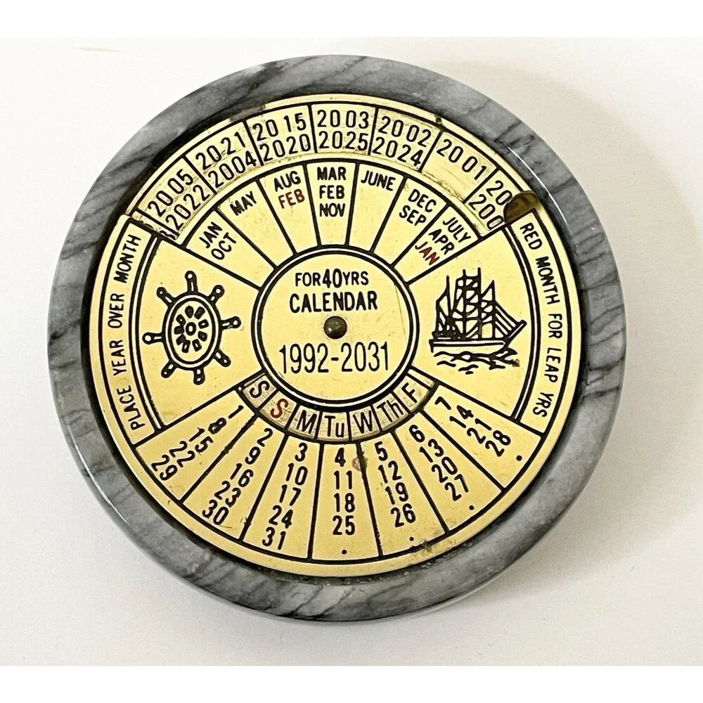40 Year Perpetual Desk Calendar 1992-2031 Brass & Marble Paperweight Nautical